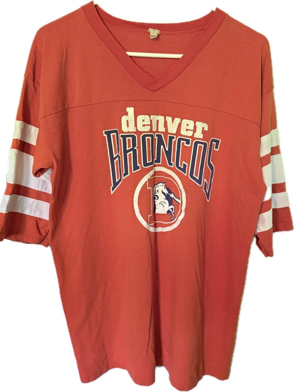 Vintage 1970s 1980s Denver Broncos Logo 7 V-Neck Ringer Tee